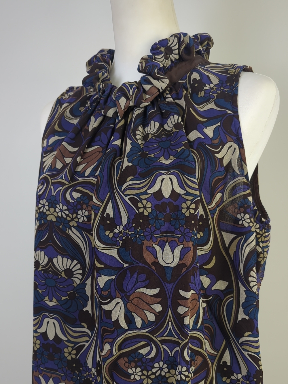 Karen Kane 100% Silk Ruffle Neck Art Nouveau Floral Blouse Vintage XL